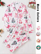 Ensemble deux pièces de pyjama pour femme, imprimé de Noël, avec chemise boutonnée à poche et pantalon à taille élastique, pyjama décontracté et confortable avec haut à manches longues et col, ensemble de pyjama pour femme, pour le printemps et l'automne