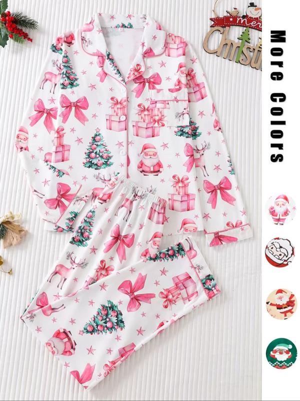 Ensemble deux pièces de pyjama pour femme, imprimé de Noël, avec chemise boutonnée à poche et pantalon à taille élastique, pyjama décontracté et confortable avec haut à manches longues et col, ensemble de pyjama pour femme, pour le printemps et l'automne