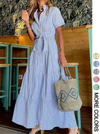 Abito da donna a righe con cintura, abito lungo elegante e casual per l'estate, abbigliamento da donna per l'uso quotidiano