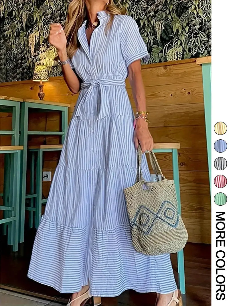 Robe longue décontractée et élégante pour femme avec ceinture imprimée à rayures, vêtements d'été pour femme, pour le quotidien