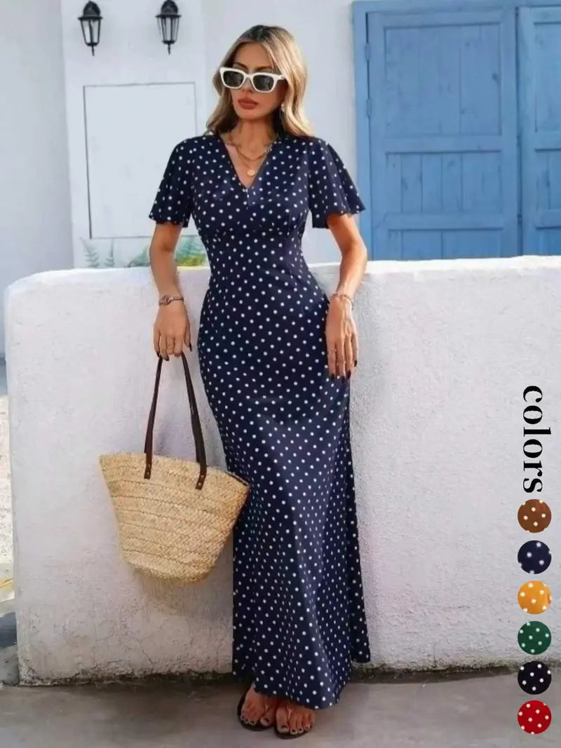 Abito lungo da donna bohémien con scollo a V e maniche corte, stile casual a pois per le vacanze, nuova moda europea e americana
