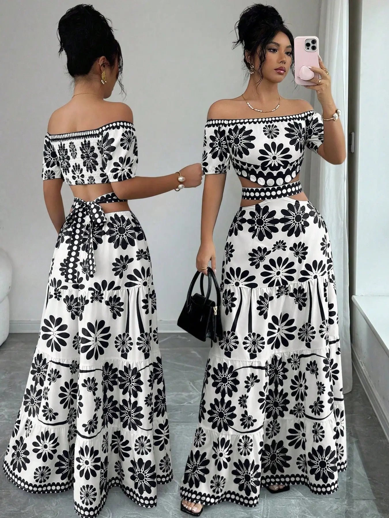 Robe florale courte à épaules dénudées avec découpes à la taille pour femme