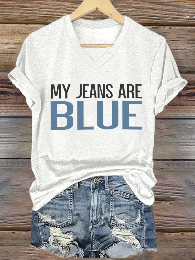 🔥Compra 3 e ottieni il 15% di sconto🔥T-shirt retrò con scollo a V stampa My Jeans Are Blue