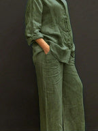 Ensemble Femme Chemise Couleur Unie & Pantalon Large, Tenues Deux Pièces Décontractées Confortables et Respirantes pour le Quotidien en Extérieur, Vêtements Femme pour Printemps Automne