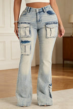 Jeans décontracté femme à poches, délavé et orné de strass