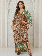 Robe Kaftan fendue à manches chauve-souris et imprimé léopard pour femme, style décontracté et modeste, col en V, manches 3/4, longue robe pour l'automne et l'hiver, vêtements islamiques pour femme pour usage quotidien