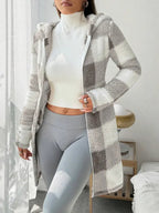 Sweat à capuche zippé en plaid et bordure duveteuse pour femme, décontracté automne/hiver