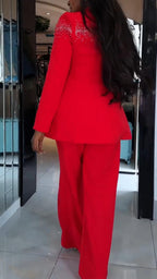 Ensemble blazer à col en V et pantalon pour femme, orné de strass, idéal pour le travail.