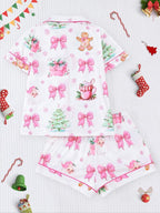 Pigiama natalizio da donna, stampa con biscotti di Babbo Natale, top a maniche corte abbottonato e pantaloncini elasticizzati, pigiameria casual per tutte le stagioni, pigiama natalizio, abbigliamento da casa