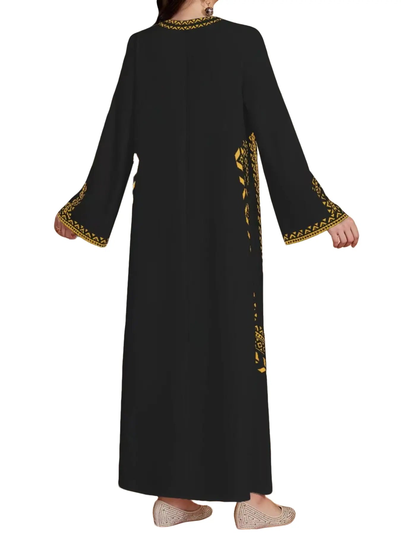Vestito da donna con stampa digitale, abito a trapezio a maniche lunghe in tessuto intrecciato stile mediorientale, vestibilità casual aderente per le stagioni primavera e autunno, abbigliamento femminile