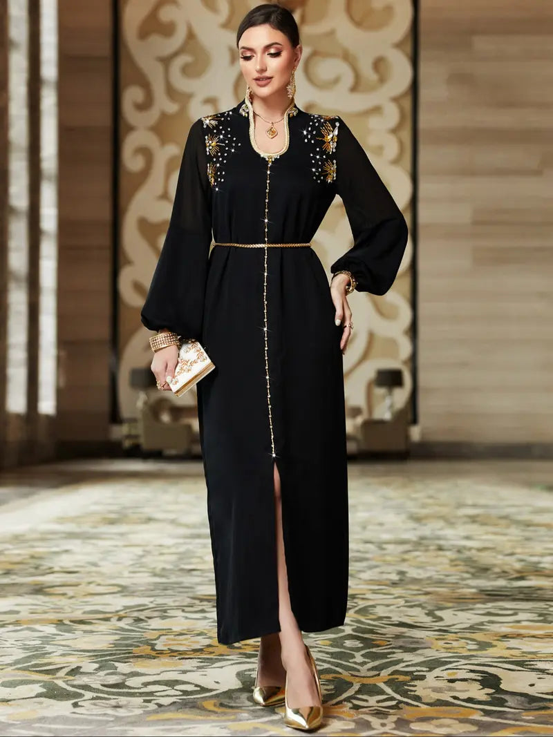 Abito lungo da donna fatto a mano con perline, comodo, elegante per la sera, stiloso da casa
