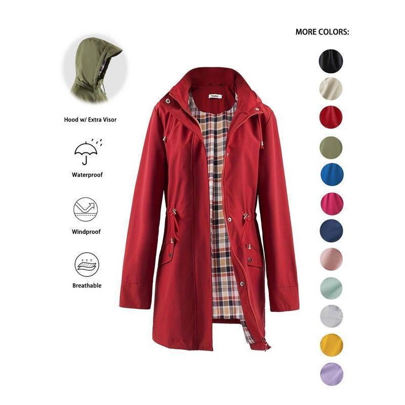 Trench-coat à capuche zippé de couleur unie pour femme, à cordon de serrage, manches longues, imperméable, coupe-vent, doux, confortable, décontracté, adapté au printemps, à l'automne, aux tenues quotidiennes et aux sorties