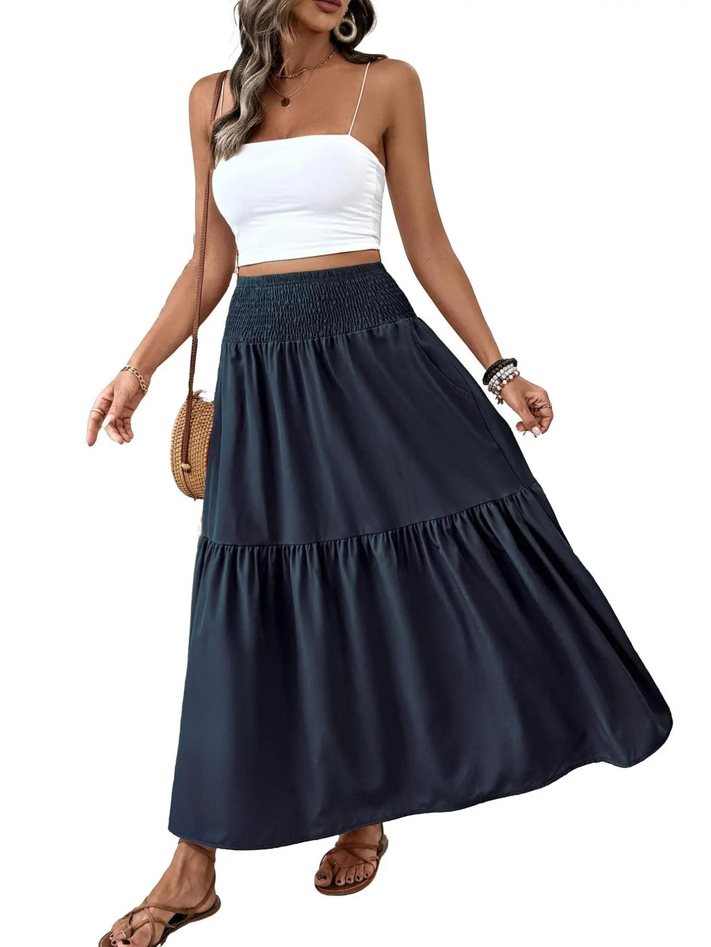 Gonna casual floreale da donna a trapezio, vita elastica con tasche, orlo a foglia, gonna lunga aderente, abito a media lunghezza alla moda
