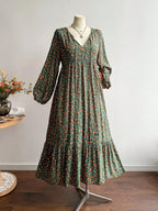 Abito Lungo Floreale da Donna Taglie Forti, Abito Lungo con Scollo a V e Lacci sul Retro e Bordo in Pizzo a Maniche Lunghe per Autunno Inverno, Elegante e Casual