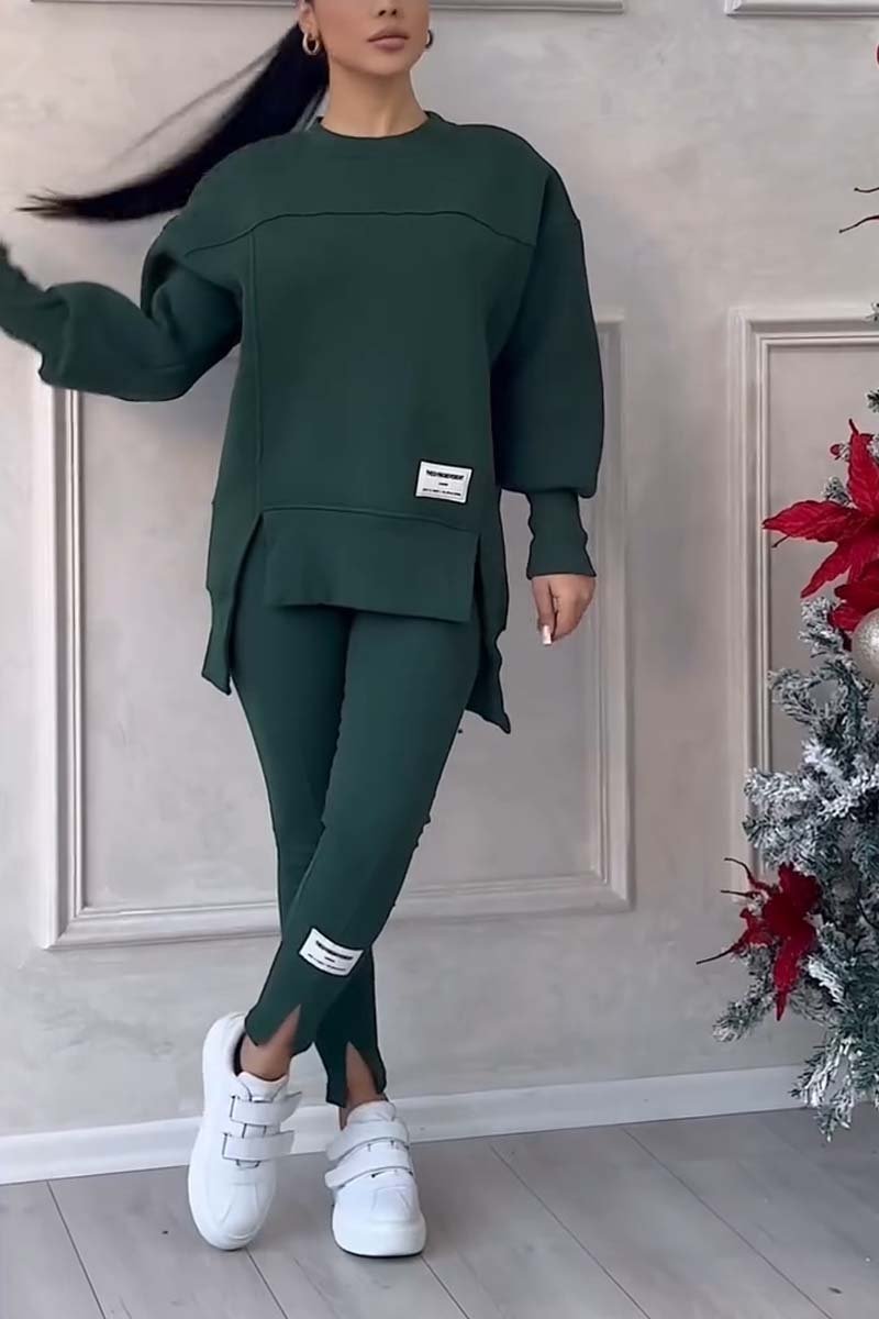 (NESSUNA STAMPA SUL RETRO) Completo da donna casual tinta unita girocollo manica lunga felpa con spacchi e leggings