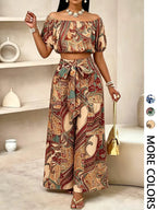 Ensemble pantalon femme couleur unie à jambes larges, haut décontracté à épaules dénudées et pantalon palazzo pour l'été, tenue de vacances à la plage pour femme.