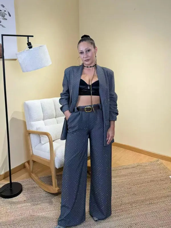 Completo Giacca e Pantaloni con Micro Paillettes, Set 2 pezzi con cintura, Taglia Unica Donna, Elegante e Versatile