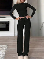 Completo da Casa da Donna Tinta Unita con Arricciature e Coulisse, Top Casual a Maniche Lunghe con Scollo Rotondo e Pantaloni a Gamba Larga con Tasche, Pigiama da Donna per Tutte le Stagioni