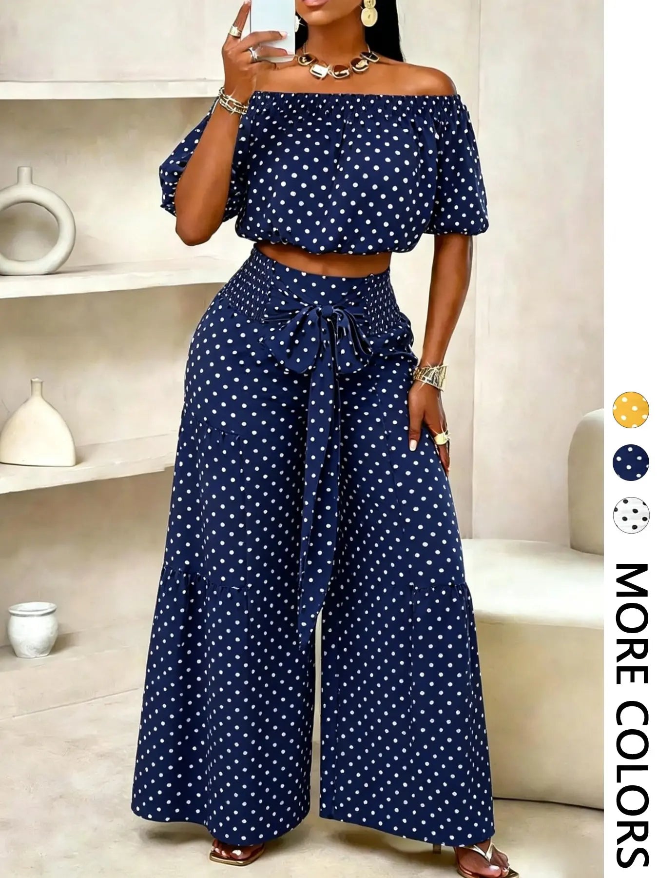 Ensemble pantalon femme couleur unie à jambes larges, haut décontracté à épaules dénudées et pantalon palazzo pour l'été, tenue de vacances à la plage pour femme.