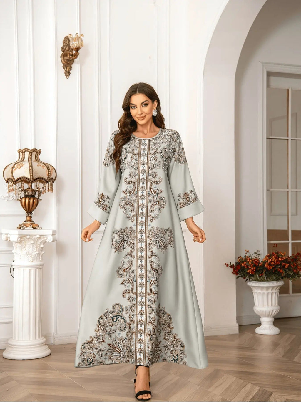 Robe longue bohème élégante pour femmes musulmanes, imprimé intégral, coupe ample, col rond, manches à revers, manches longues, toutes saisons