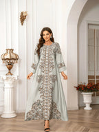Robe longue bohème élégante pour femmes musulmanes, imprimé intégral, coupe ample, col rond, manches à revers, manches longues, toutes saisons