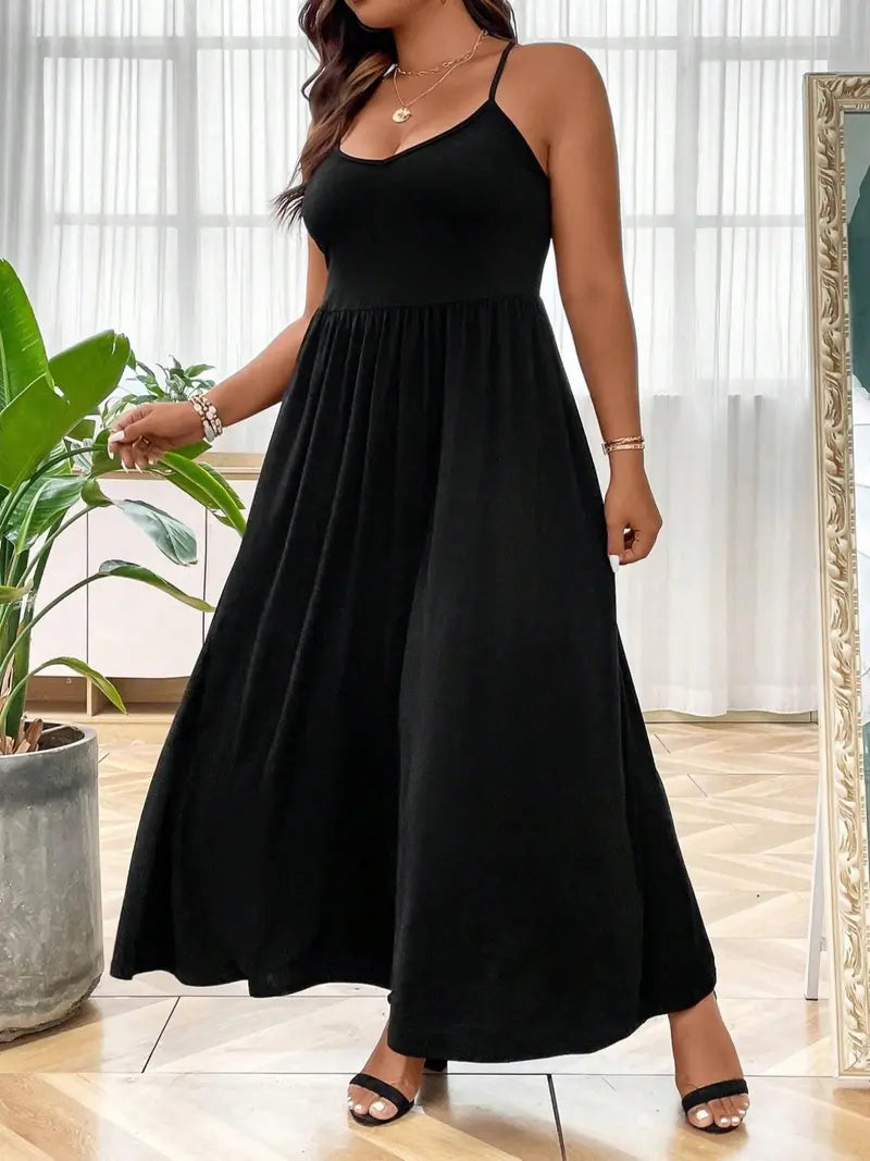 Robe Caraco Grande Taille sans Dos et Croisée, Robe trapèze décontractée unie sans manches à fines bretelles pour l'été, Vêtements pour femmes pour fête et vacances