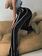 Pantaloni attillati in maglia svasati con stampa geometrica da donna, pantaloni casual estivi comodi ed eleganti per l'uso quotidiano, capi inferiori da donna per tutte le stagioni
