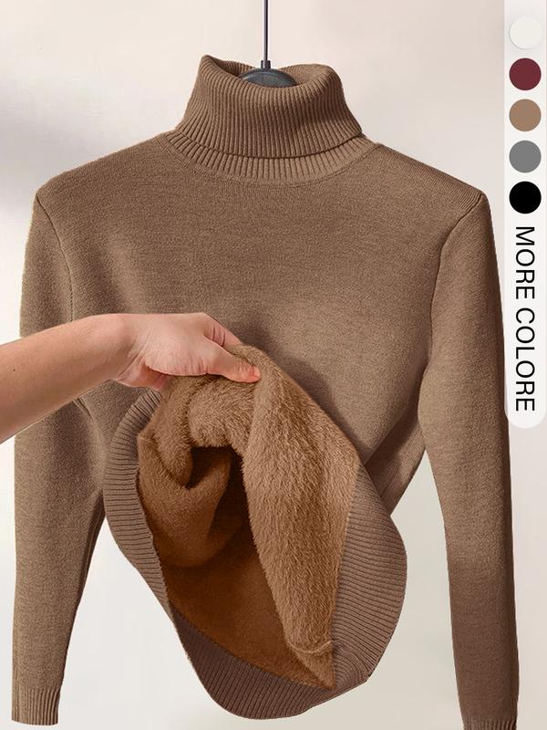 Pull en tricot uni doublé thermiquement à épaules tombantes et col montant pour femmes, pull décontracté à manches longues pour le quotidien en extérieur, haut en tricot pour femmes pour l'automne et l'hiver.