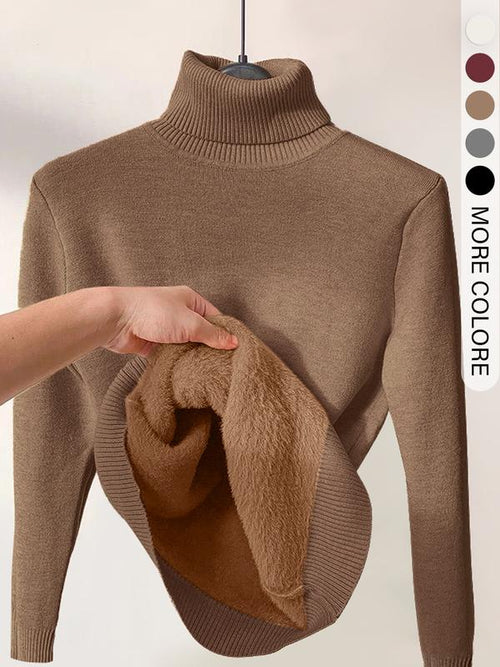 Maglione da donna in tinta unita con fodera termica, spalle scese e collo alto, maglione casual a maniche lunghe in tinta unita per l'uso quotidiano all'aperto, top in maglia da donna per l'autunno e l'inverno