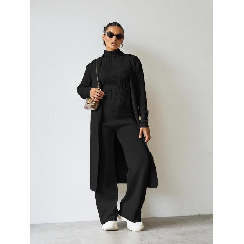 Ensemble trois pièces tendance : débardeur à col roulé en maille, pantalon large et cardigan long ouvert, vêtements décontractés pour femme