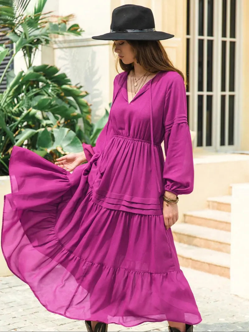 Robe longue trapèze à manches lanternes pour femme, décontractée, printemps et été, en tissu tissé uni, parfaite pour les vacances en plein air