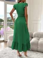 Women's Plain Shirred V Neck Fitted Dress, Elegant Chic Fashion Casual Long Dress for Daily Outdoor Wear, Women's Dress for Summer