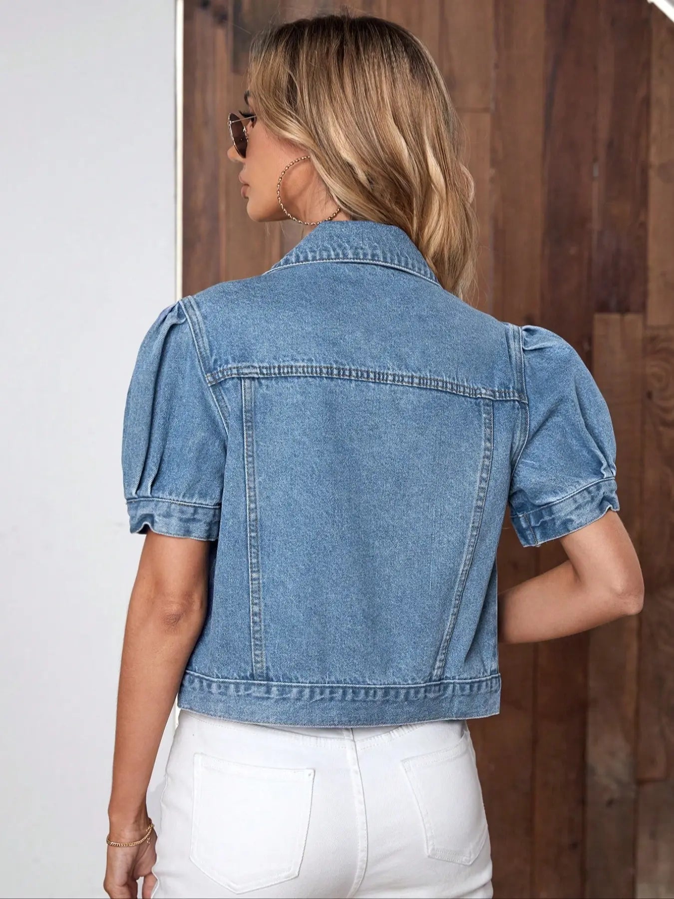 Veste en Jean Courte Lavage Clair, Manches Bouffantes, pour Femme, Manteau Court en Jean Taille Haute Léger et Fin, Coupe Tendance et Décontractée pour l'Été