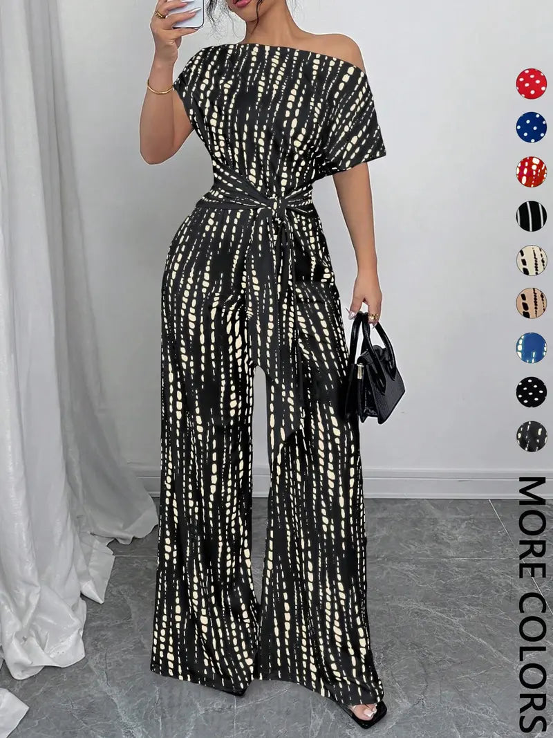 Combinaison Femme à Imprimé Intégral avec Nœud sur le Devant, Combinaison Décontractée à Col Asymétrique pour le Printemps et l'Automne, Vêtements pour Femmes à Porter au Quotidien