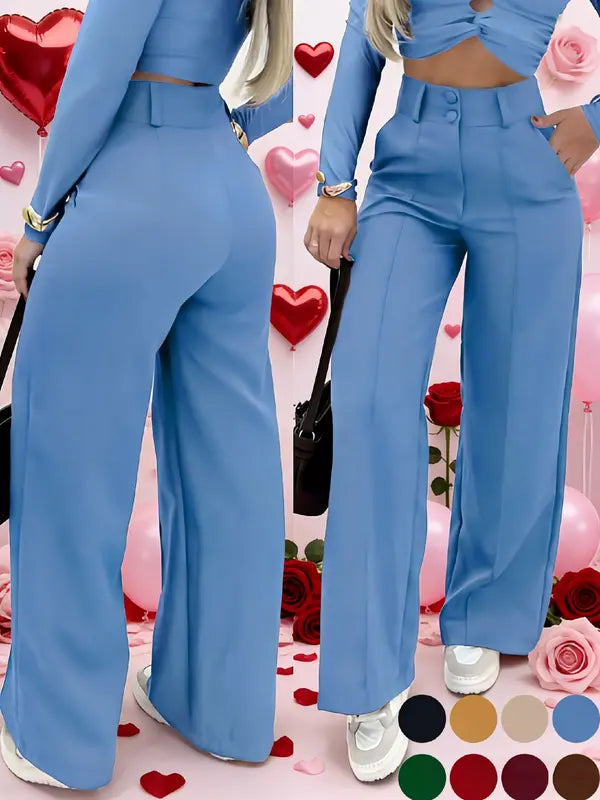 Pantalon large simple pour femme avec double boutonnage, pièce essentielle polyvalente pour les trajets quotidiens, élégante tenue de bureau