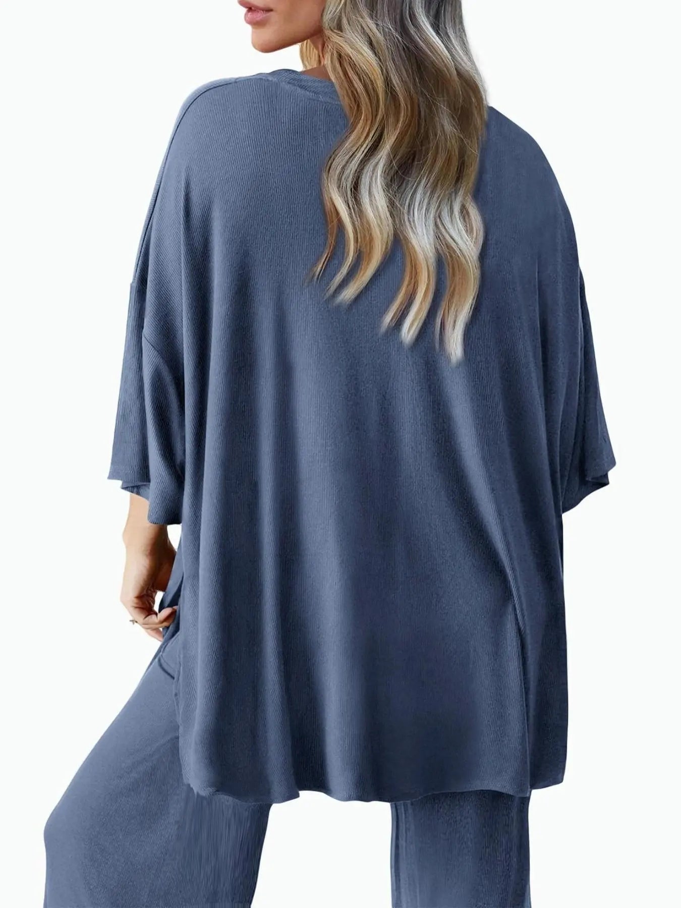 Ensemble deux pièces T-shirt uni à épaules tombantes et pantalon à taille élastique pour femme
