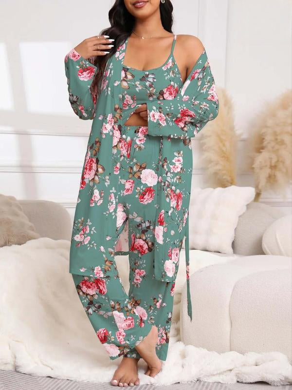 [Taglie Forti] Completo Pigiama Tre Pezzi con Stampa Floreale, Vestaglia con Cintura, Top con Spalline e Pantaloni a Vita Elasticizzata