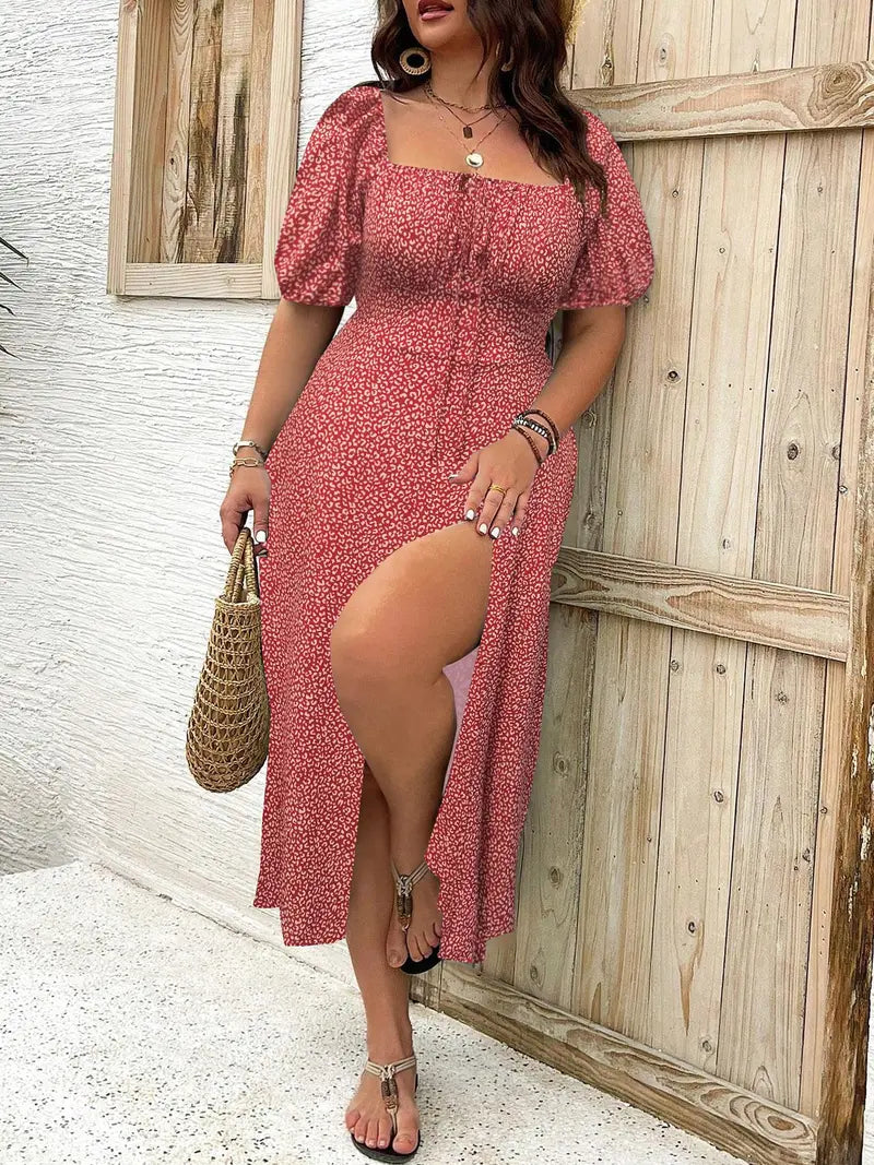 [Taglie forti] Abito midi estivo a maniche corte, abito bohémien casual floreale/a stampa intera con spacco laterale, abbigliamento femminile taglie forti per tutti i giorni