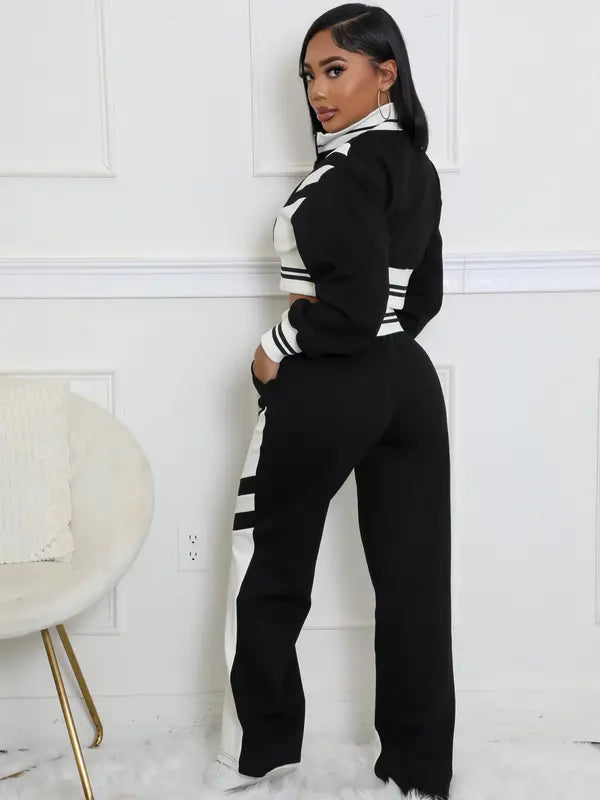 Ensemble deux pièces femme veste courte zippée à imprimé color block et pantalon, tenues décontractées, mode, confortables et respirantes pour le quotidien en extérieur, vêtements femme pour l'automne et l'hiver