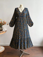 Abito Lungo Floreale da Donna Taglie Forti, Abito Lungo con Scollo a V e Lacci sul Retro e Bordo in Pizzo a Maniche Lunghe per Autunno Inverno, Elegante e Casual