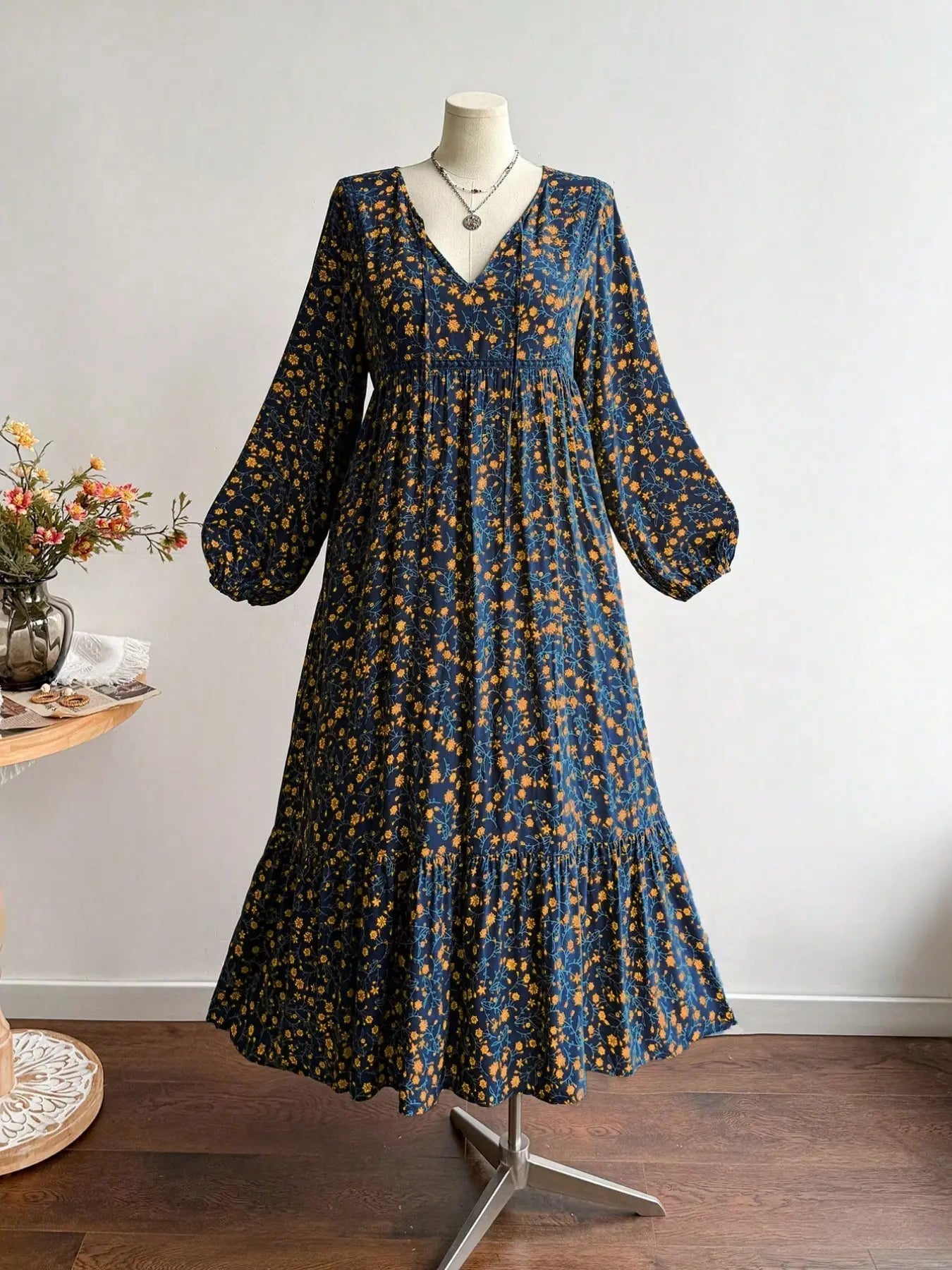 Robe longue à fleurs tissée pour femme grande taille, robe maxi à manches longues, col en V, dos noué, bordée de dentelle, pour l'automne et l'hiver, style décontracté et élégant
