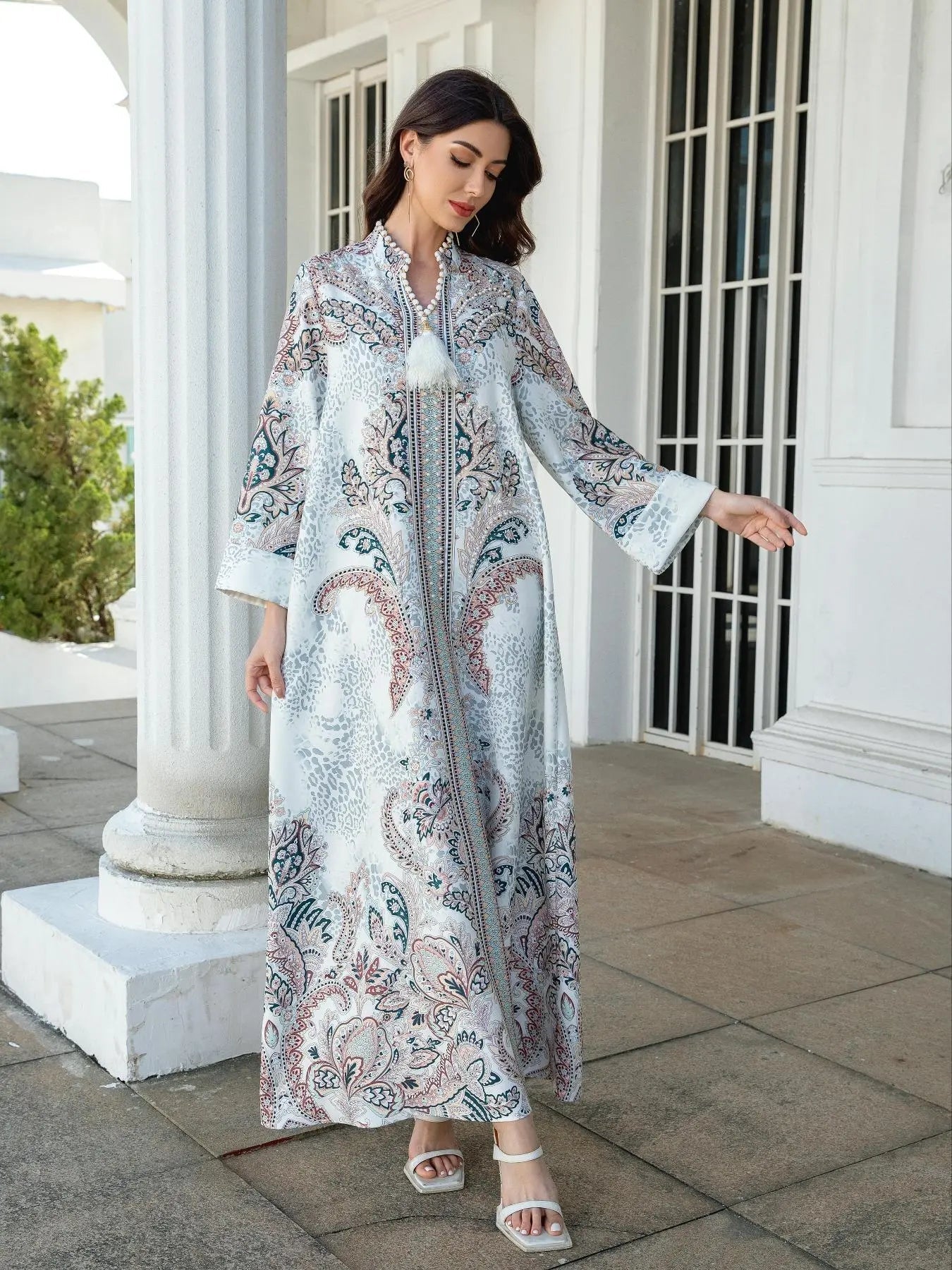 Vestito Lungo da Donna Scollo a V, Jalabiya A-line Vestibilità Morbida per Tutte le Stagioni, Morbido Tessuto Elasticizzato 75D, Elegante Abbigliamento Arabo