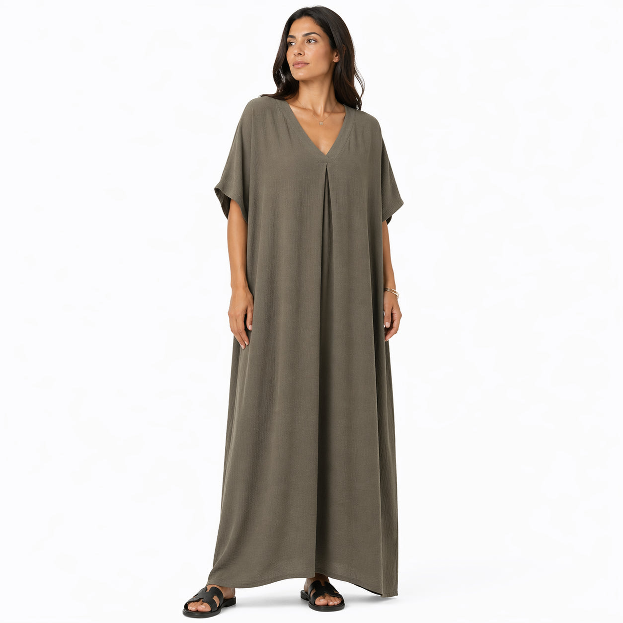 Robe longue, ample et fluide à col en V pour femme – chic et confortable pour l'été.
