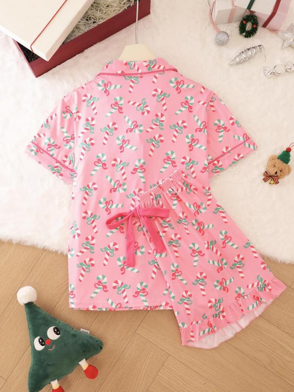 Completo pigiama da donna di 2 pezzi, pantaloncini a maniche corte, con stampa a bastoncino di zucchero natalizio, bottoni, colletto, fiocchi, adatto per un abbigliamento comodo e casual in casa per tutte le stagioni