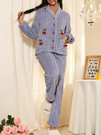Ensemble de détente doux avec décorations de cerises pour femme, ensemble élégant et décontracté haut à manches longues et pantalon, vêtements de nuit pour femme pour l'automne et l'hiver, pyjama