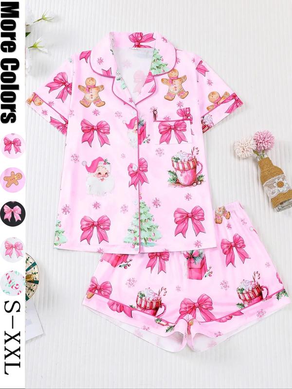 Ensemble pyjama de Noël pour femme, imprimé biscuits de Père Noël, haut boutonnée à manches courtes et short élastique, vêtements de nuit décontractés toutes saisons, pyjama de Noël, vêtements d'intérieur
