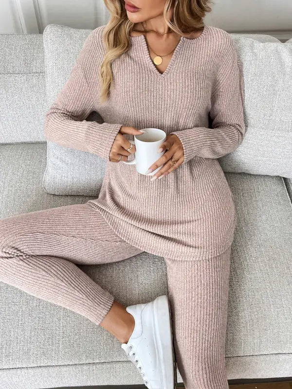 Ensemble 2 pièces décontracté femme, t-shirt à manches longues et legging en maille côtelée peluche, automne/hiver