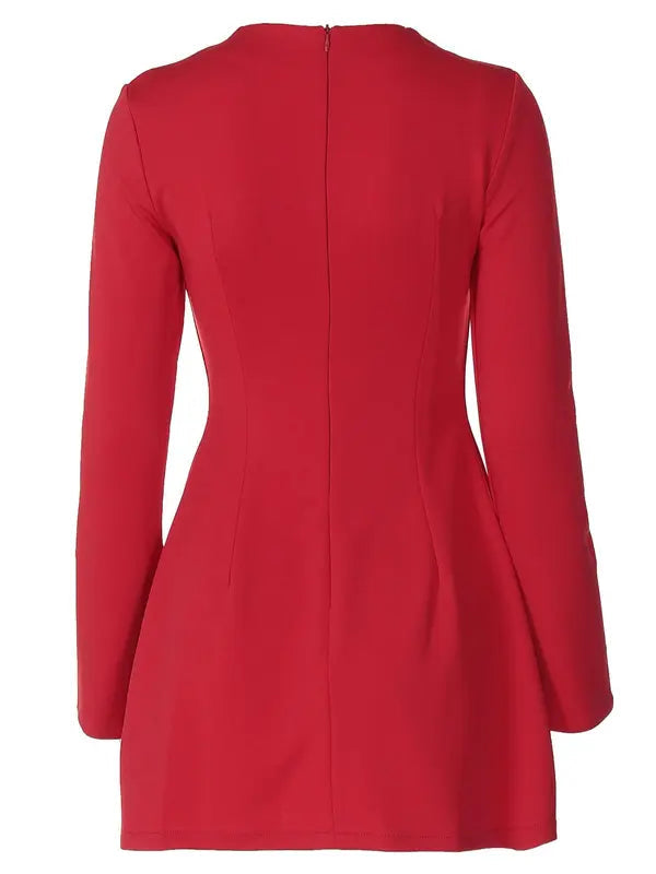Abito da donna a trapezio tinta unita con maniche a balze e patta, elegante abito corto a maniche lunghe con collo alla coreana per feste, vacanze, invitati a matrimoni, abbigliamento primaverile e autunnale da donna