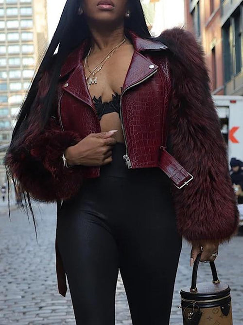 Veste en fourrure patchwork pour femme, manches texturées crocodile, fermeture éclair, style motard décontracté, toutes saisons, look élégant et luxueux