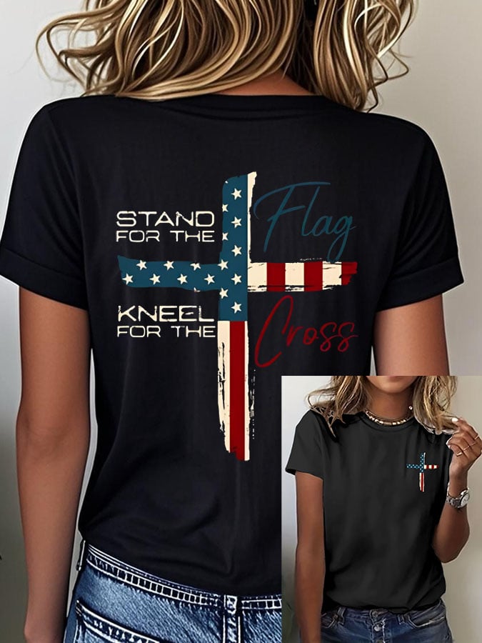 T-shirt casual da donna con stampa "Stand For The Flag Kneel For The Cross"